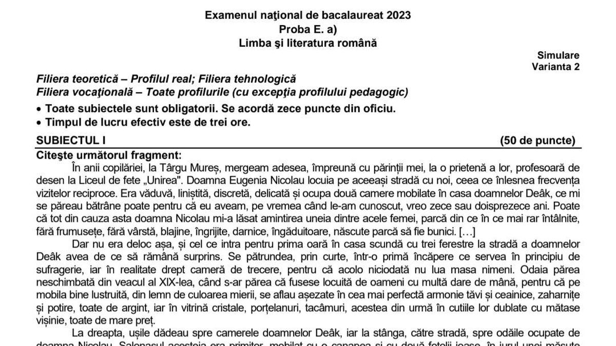 Subiecte BAC Română 2023